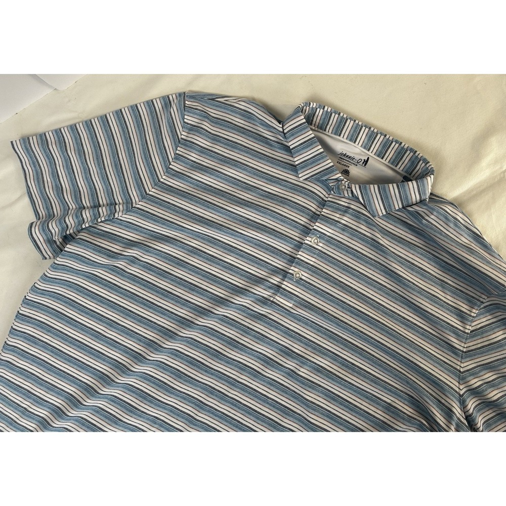 Johnnie-O Polo Shirt Men's 2XL Blue Pink Stripe Golf Performance UPF 50 Stretch
